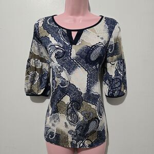 Espresso - Blouse - Keyhole Neck Boho 1/2 Sleeve Paisley Print - Size M - Blue